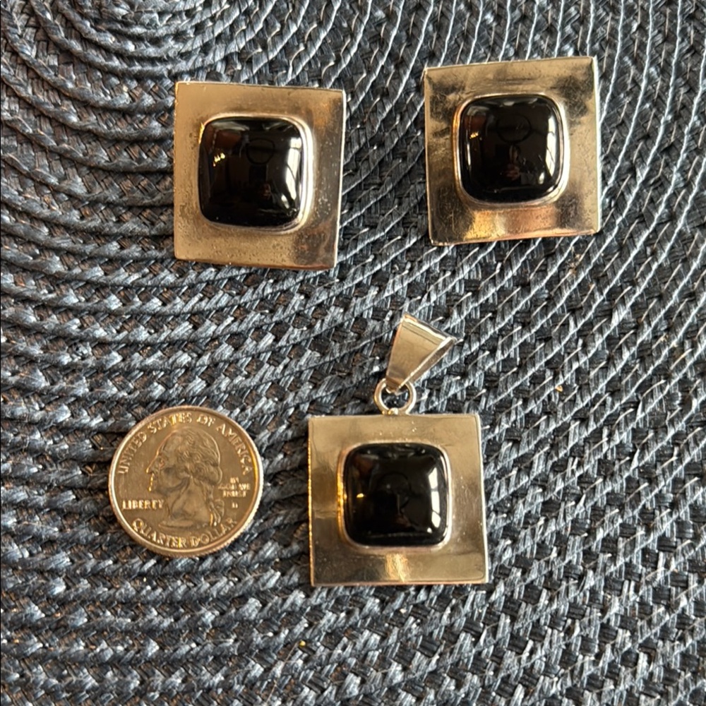 Black Onyx and Sterling Silver Geometric Earrings